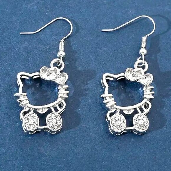 Hello Kitty Rhinestone Earrings Sanrio Crystal Dangle Silver Cute Goth Emo Scene - Picture 1 of 3